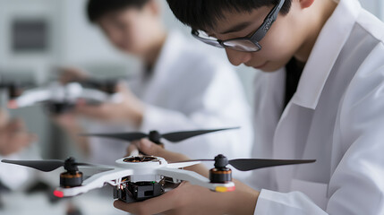 Engineering students are building drones in a high school science lab. They have glasses and lab coats on. They are testing the technology and preparing the drones for flight.