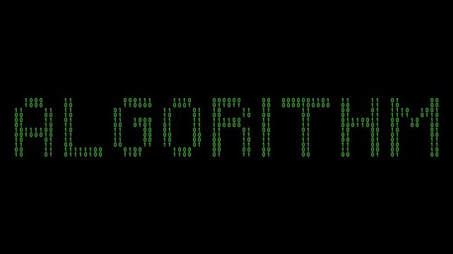 Digital binary algorithm animation with moving code pattern.