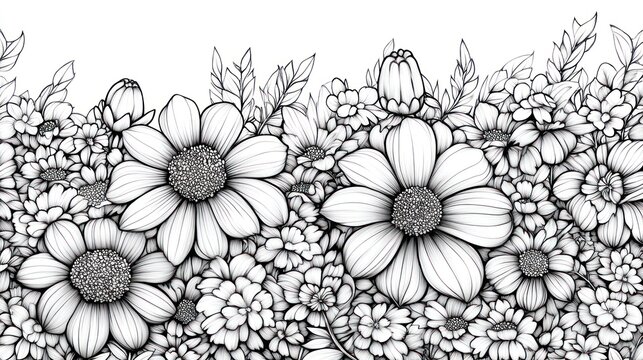 Floral border design, detailed line drawing of various flowers and leaves.  A profusion of blossoms in a horizontal band