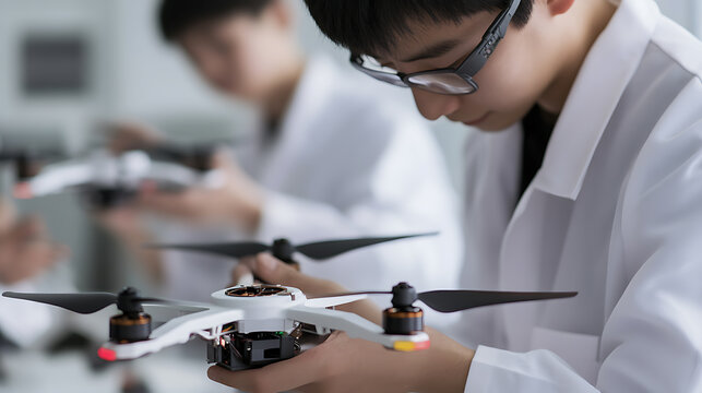 Engineering students are building drones in a high school science lab. They have glasses and lab coats on. They are testing the technology and preparing the drones for flight.