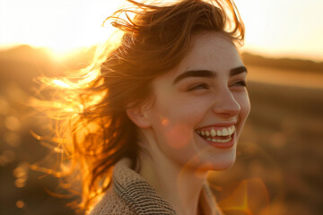 Authentic portrait of a young woman laughing in warm sunset light &ndash; natural lifestyle emotion