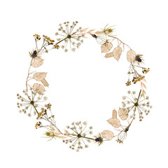 Watercolor dry grass and flowers wreath illustration. Isolated on white background. For fabric, wrapping, cards, banner, poster, invitation gift.