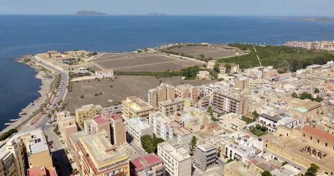 Aerial view of the archaeological site of Lilibeo (Lilybaeum for the Romans), located near Marsala, Sicily, Italy. It was an ancient city towards Cape Boeo and in the background are the Egadi Islands.
