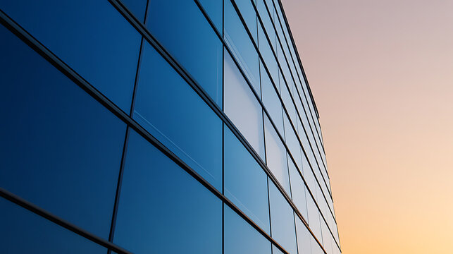 Modern architecture featuring a sleek, reflective glass facade contrasting with the warm tones of the sunset, symbolizing urban elegance and contemporary design with blue windows. - Powered by Adobe