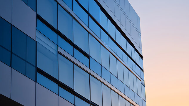 Urban architecture: Modern building with reflective glass windows reflecting the sky, against a pastel sunset background. Clean lines and sleek design enhance its aesthetic appeal.