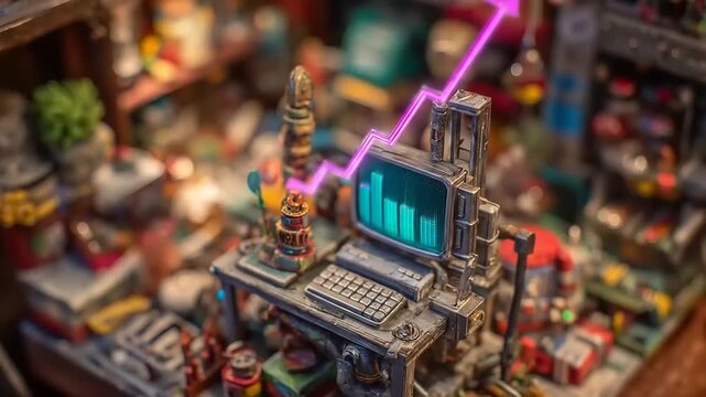 Miniature cybernetic trading setup with profit graph going up and surrounding details