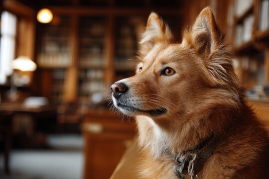 finnish spitz while standing against classic library interior