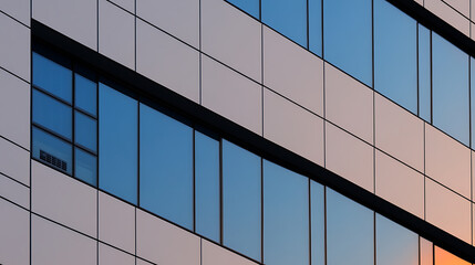 Architectural Detail: Sleek building facade showcases a pattern of windows reflecting the sky, set against neutral panels and dark horizontal bands in a minimalist design.