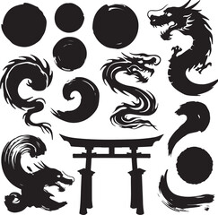 Japanese Dragon silhouette elements with torii gate and brush stroke circles
