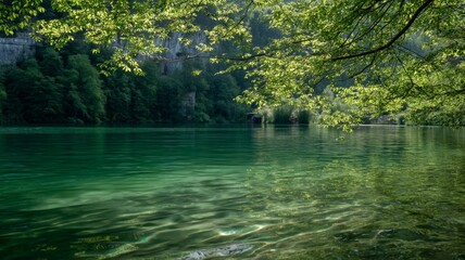 Serene lake with overhanging trees in sunlit forest. AI generated