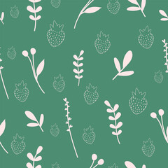 Muted Sage Green Hygge Botanical Seamless Pattern. Dusty Pink Wild Berry Vector.