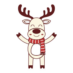 Cute cartoon reindeer vector character wearing striped scarf, isolated Christmas holiday mascot