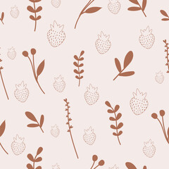 Dusty Rose Neutral Berry and Leaf Seamless Pattern. Terracotta Scandinavian Vector.