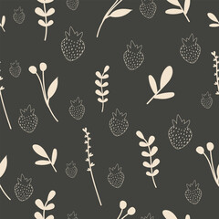 Charcoal Gray Botanical Seamless Pattern. Dark Hygge Berry and Cream Leaf Vector.