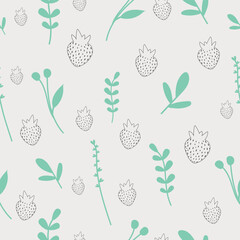 Pale Gray Minimalist Berry and Leaf Seamless Pattern. Mint Scandinavian Outline Vector.
