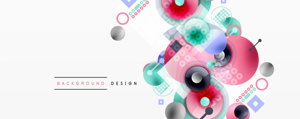Abstract geometric shapes, circles, squares, lines create modern design. Light background enhances vibrant color palette.