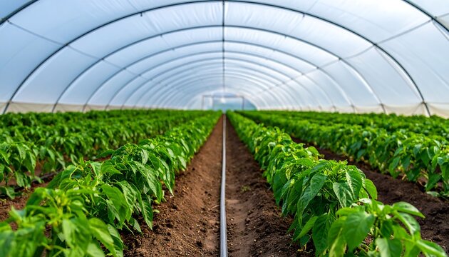 Rows of lush green plants growing inside a greenhouse with a translucent roof letting diffused light