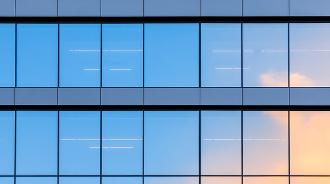 Modern architecture featuring blue glass windows reflecting the sky. Geometric design captures sunlight. Ideal for urban, office, and architectural themes. - Powered by Adobe