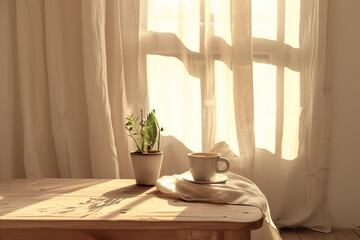 Cozy minimalist Scandinavian interior with morning light and coffee cup &ndash; calm lifestyle concept