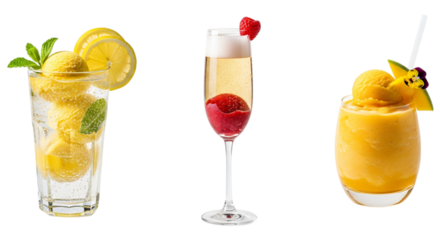 Assortment of three refreshing yellow and pink drinks with ice and fruit, isolated on transparent background