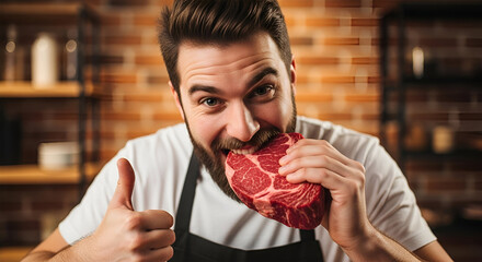Man enthusiastically bites into a raw steak, giving a thumbs up gesture in a kitchen setting. carnivore diet