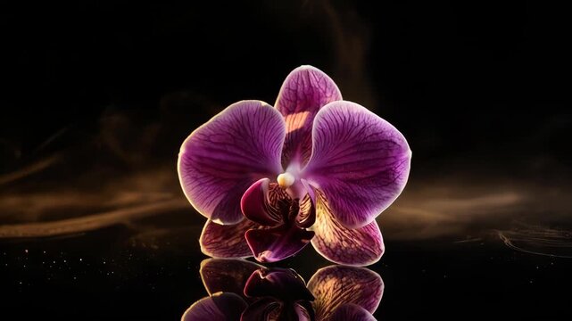 Elegant purple orchid blooming against a dark, dramatic background
