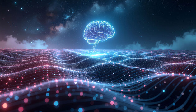Luminous digital brain concept glows above a futuristic data stream landscape under a starry night sky