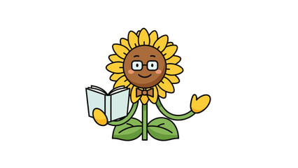 A cartoon sunflower character wearing glasses and a bow tie reading a book