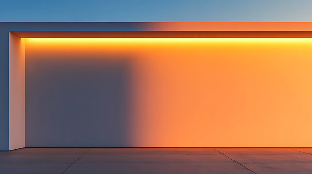 Minimalist architecture showcases a stark geometric structure illuminated by a warm, orange glow against a cool blue sky, emphasizing light and shadow.  A modern abstract art.