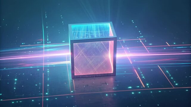 Glowing translucent cube neon light beam futuristic grid holographic effect digital circuit pink blue gradient sci fi object technology concept