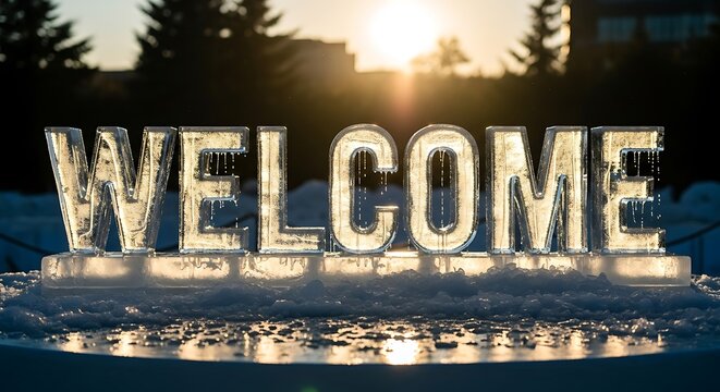 Ice sculpture spelling welcome glows in the winter sun offering a warm greeting to visitors and creating a festive and inviting atmosphere outdoors