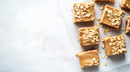 A tempting array of golden oat bars, each a perfect square of sweet goodness, sprinkled with wholesome oats. A delightful treat, ideal for snacking or dessert.