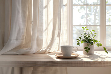 Cozy minimalist Scandinavian interior with morning light and coffee cup &ndash; calm lifestyle concept