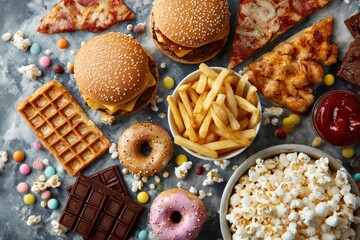 Overhead View of Assorted Unhealthy Foods Scattered on a Textured Gray Surface with Bright Lighting