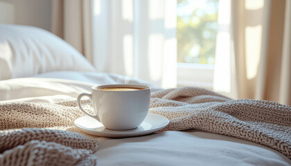 Caffeine effects on sleep shown by cup of coffee on cozy bed with sunlight streaming through window creating peaceful morning mood