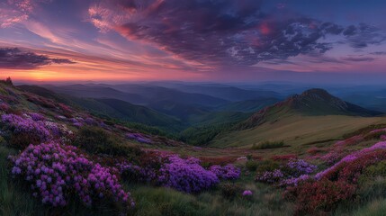Obraz premium Panoramic View of Mountainous Landscape at Sunset with Purple Flowers and Dramatic Sky