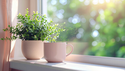 Caffeine effects on sleep shown by cup on sunny windowsill with green plant and soft morning light creating peaceful mood