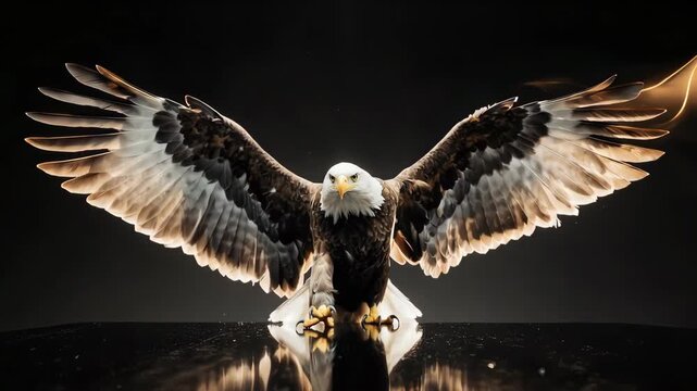 Majestic eagle with widespread wings reflected on a glossy surface against a dark background.