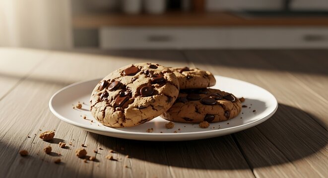 Delicious chocolate chip cookies on a white plate sitting on a wooden table bathed in warm sunlight creating a cozy and inviting atmosphere