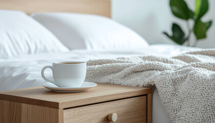 Caffeine effects on sleep shown by cup on wooden nightstand beside cozy bed in calm bedroom morning light