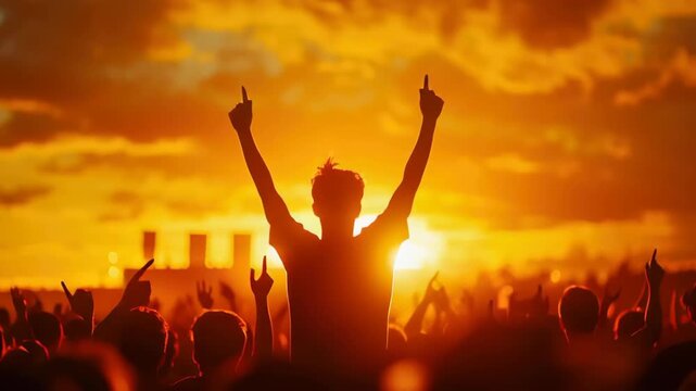 Sunset concert crowd silhouette with hands raised beneath golden sky, joyful outdoor summer festival, vibrant live music energy uniting fans - Powered by Adobe