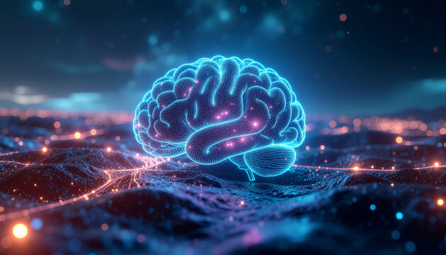 Stunning glowing brain with data connections representing AI, neural networks, and innovation in a futuristic digital landscape