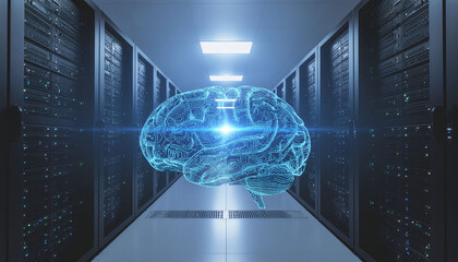 Powerful digital brain connecting servers in a modern data center for artificial intelligence and machine learning advancements, creating a futuristic world