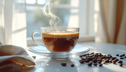 Caffeine effects on sleep shown by hot coffee in glass cup with steam rising in morning sunlight on table