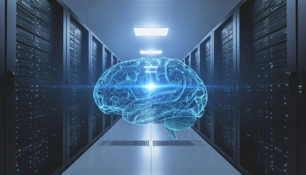 Powerful digital brain connecting servers in a modern data center for artificial intelligence and machine learning advancements, creating a futuristic world