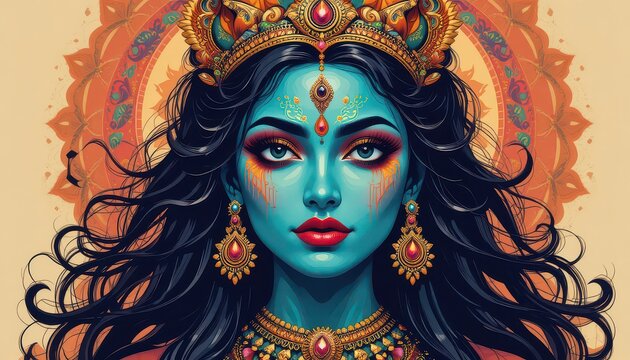 Enchanting divine feminine deity with mesmerizing blue skin, ornate golden crown, and vibrant, expressive makeup captivating mystical spiritual beauty.