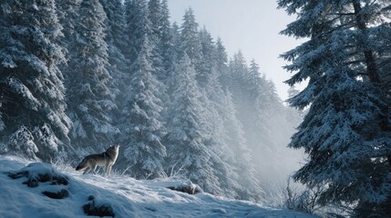 A snowy forest with a wolf howling in the distance,