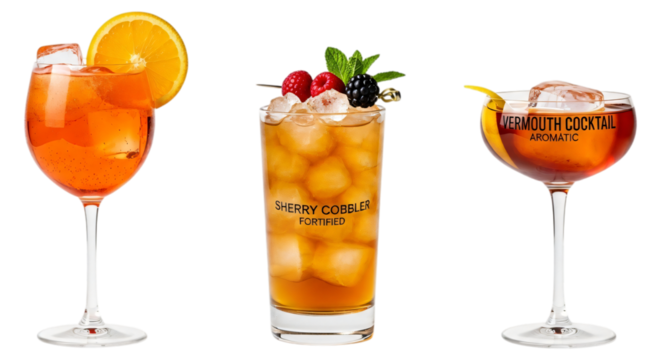 Three glasses of colorful cocktails with ice, fruit garnish, and mint, isolated on transparent background