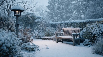 A snowy garden with a bench and a bird feeder,