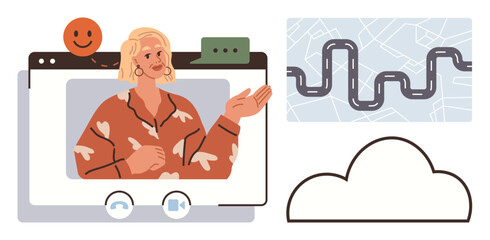 Person in video call interface, routing map, cloud shape. Ideal for communication, teamwork, navigation, cloud computing, connection education digital tools. Simple flat metaphor